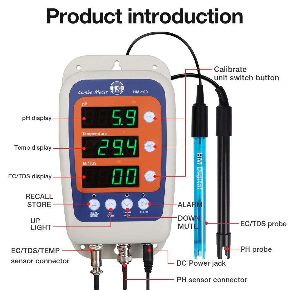 4 in 1 PH Water Quality Tester Temp EC ORP Monitor Conductivity Meter Hydroponics Detection With 2 Electrode Probe Sensor HM-100