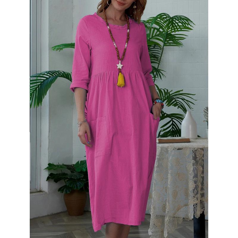 Elegant Women's Mid-Length Solid Color Dress with 3/4 Sleeves and Round Neck