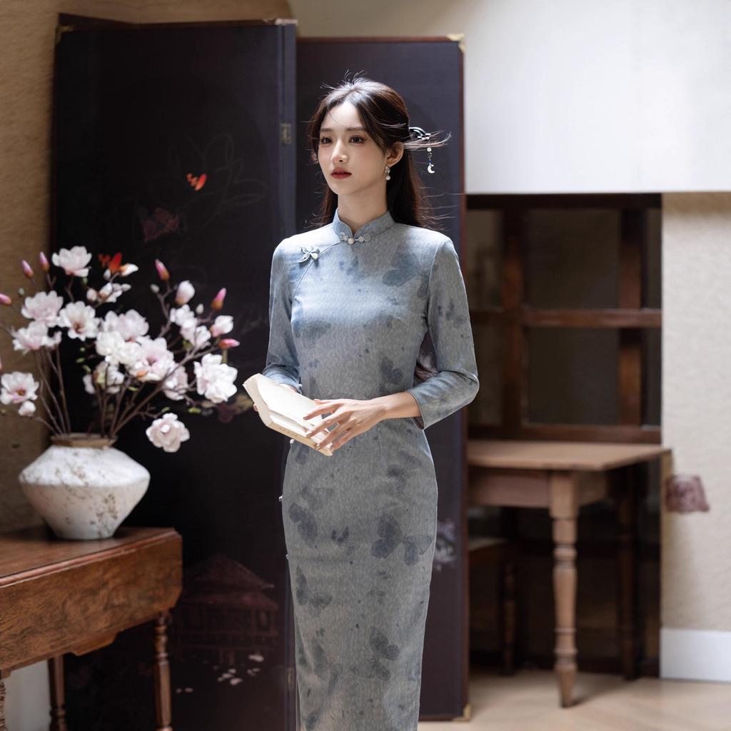 Blue knitted autumn and winter national style new Chinese cheongsam improved young 1011 new women's high-end atmosphere high-grade