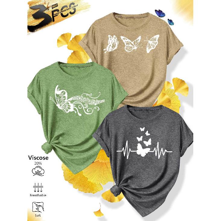 Ladies T Shirt Matching outfits for groups of friends and sisters3Pieces Heartbeat Butterfly Notes Minimalist Hollow White Line Print Elegant retro