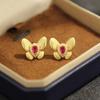 New product design brushed gold butterfly stud red green two-color insect earrings 925 silver needle earrings for women