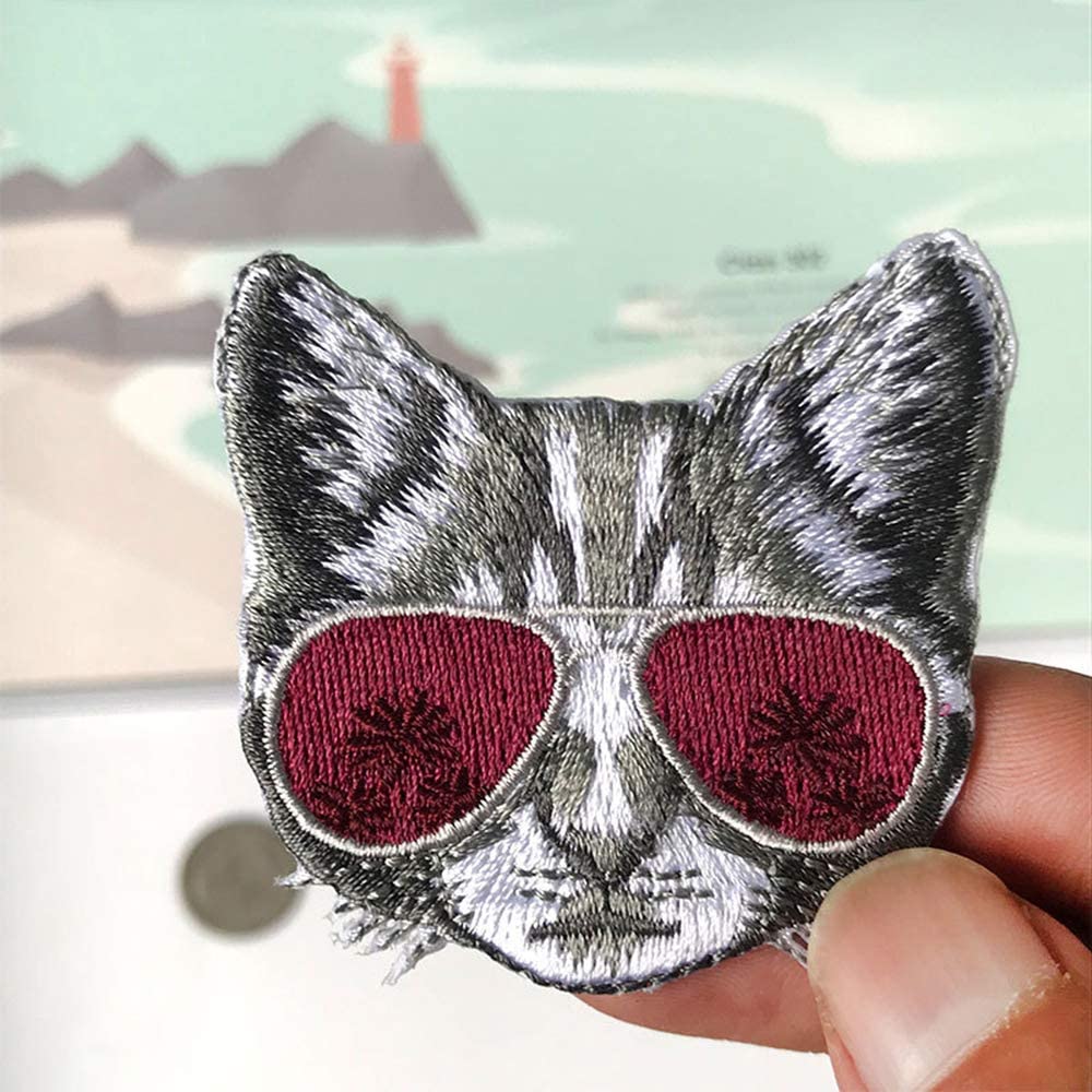 2Pcs Red Sunglasses Cool Cat Patches Wholesale Cuteanimal Embroidery Appliques Clothes Jeans Badges