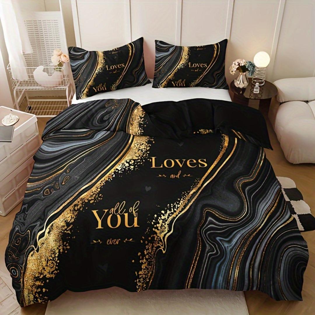

3pcs Black Gold Loves You 3D Printed Bedding Set Comfortable Duvet Cover King Queen Twin Size Birthday Gift Bedroom Decoration EU Single 135x200cm