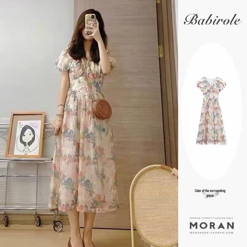 Retro French Floral Print Cinched Waist Dress - Elegant and Beautiful 2X-Large