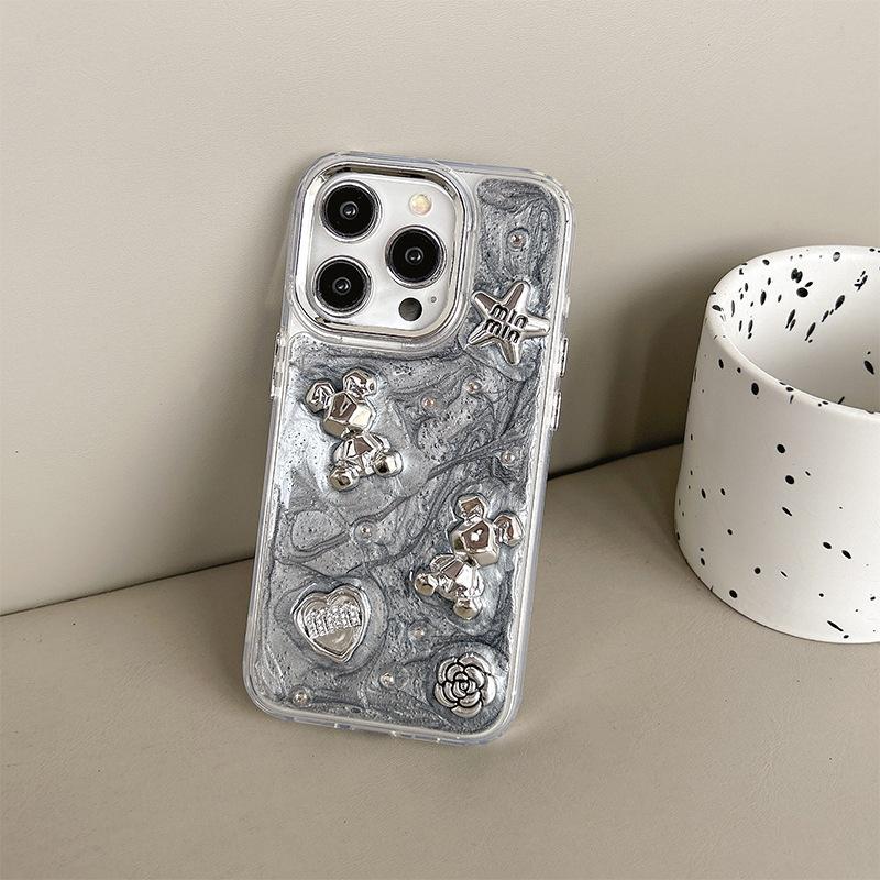 

Silver Gray Ins Style Phone Case for IPhone 17 Promax Five Pointed Star Smiley Face for Apple 15 Bow Bear For iPhone 7/8/SE 2020