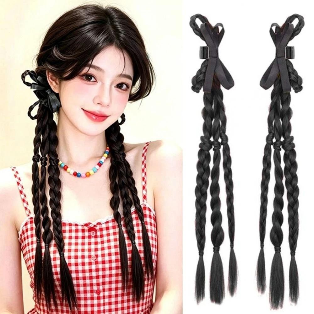 2pcs Sweet Twist Braid Hairpiece Handmade Girls Bow Wig Hairbands  for Women