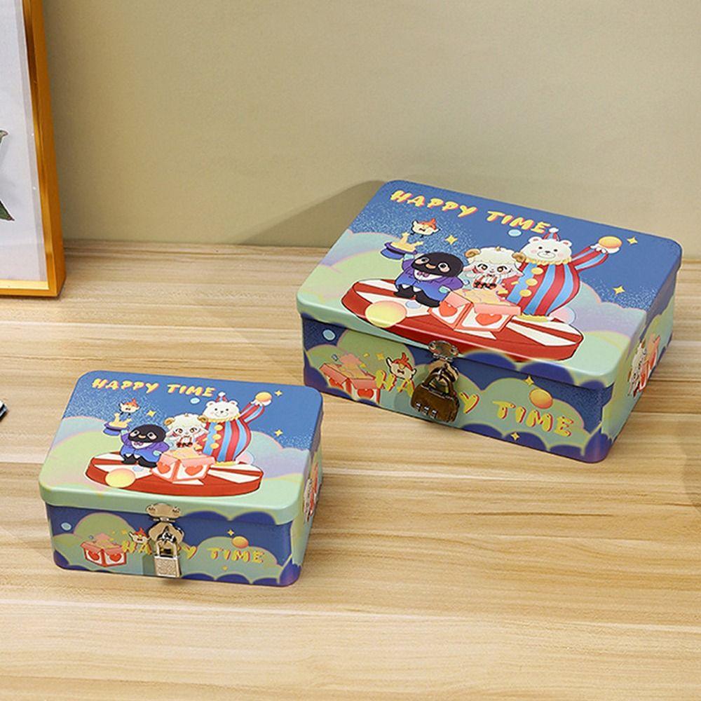 Vintage Tinplate Box Cartoon Print Empty Box High Quality Desktop Storage Case Household