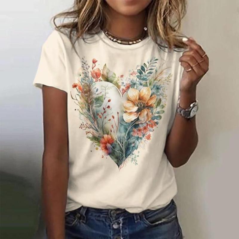 Dámské tričko s kulatým výstřihem, běžná velikost, květinový potisk, ležérní, s krátkým rukávem, tílko s motivem Harajuku