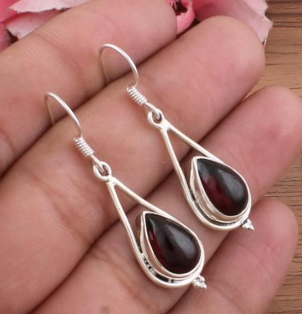 Garnet  Gemstone Hook Earring, 925 Sterling Silver, January Birthstone Earring, Handmade Jewelry, Gift For Christmas, New Year Gift,