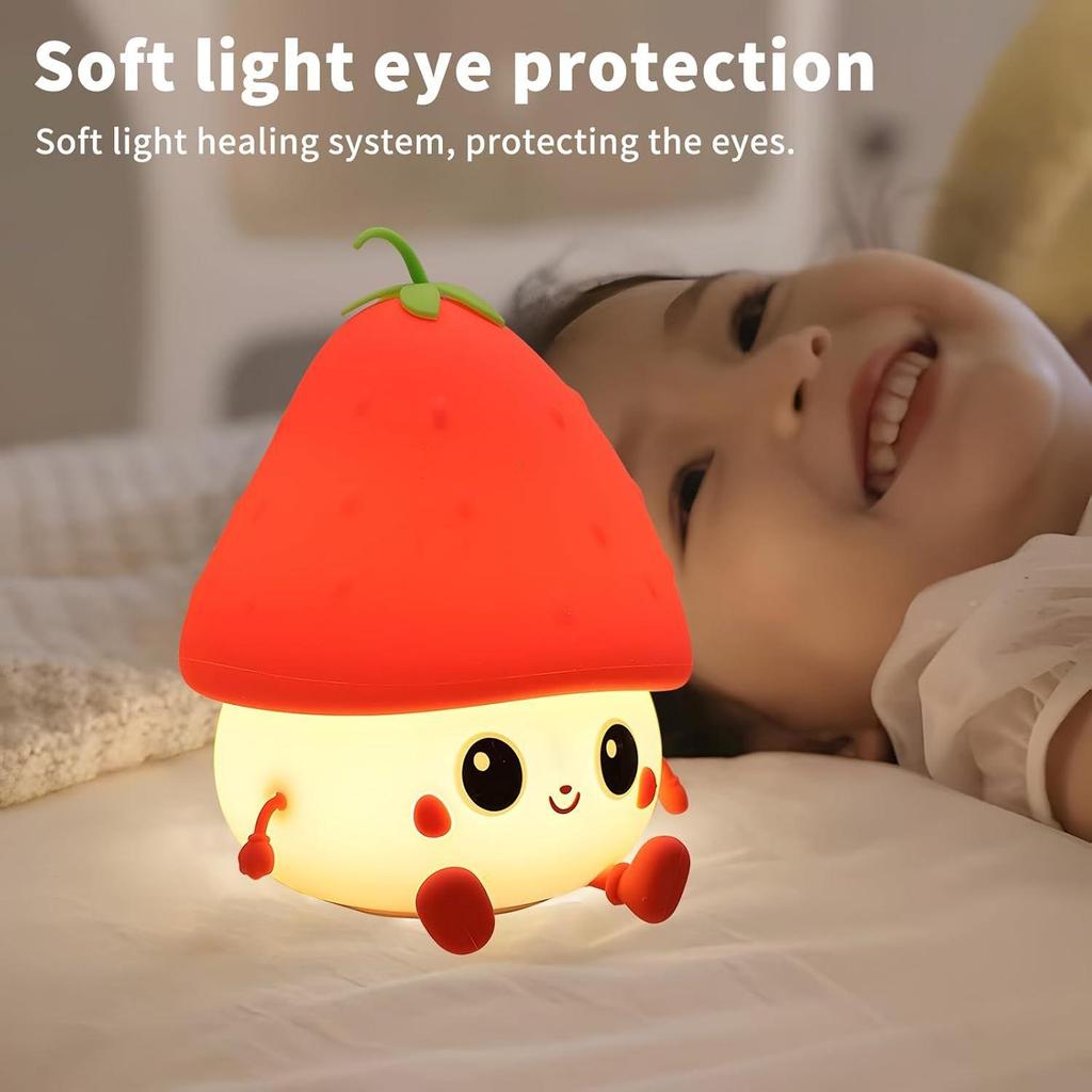 Strawberry Silicone Night Lamp for Kids – Cute Rechargeable LED Light with Tap Control & 8 Color Modes | Soft Touch Nursery Lamp