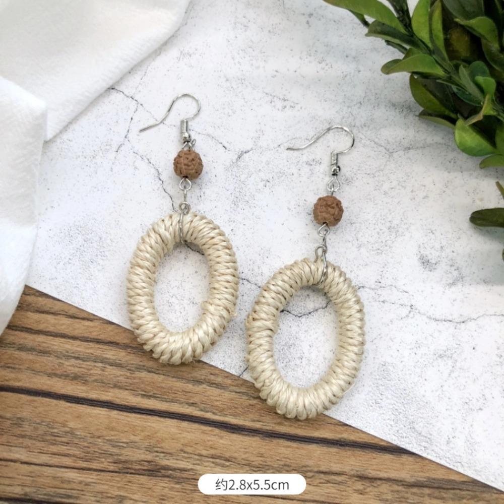 Vintage Mori Grass and Rattan Woven Handmade Earrings Bohemian Vacation Style Stud Earrings Female Ethnic Style Summer Ear Jewelry
