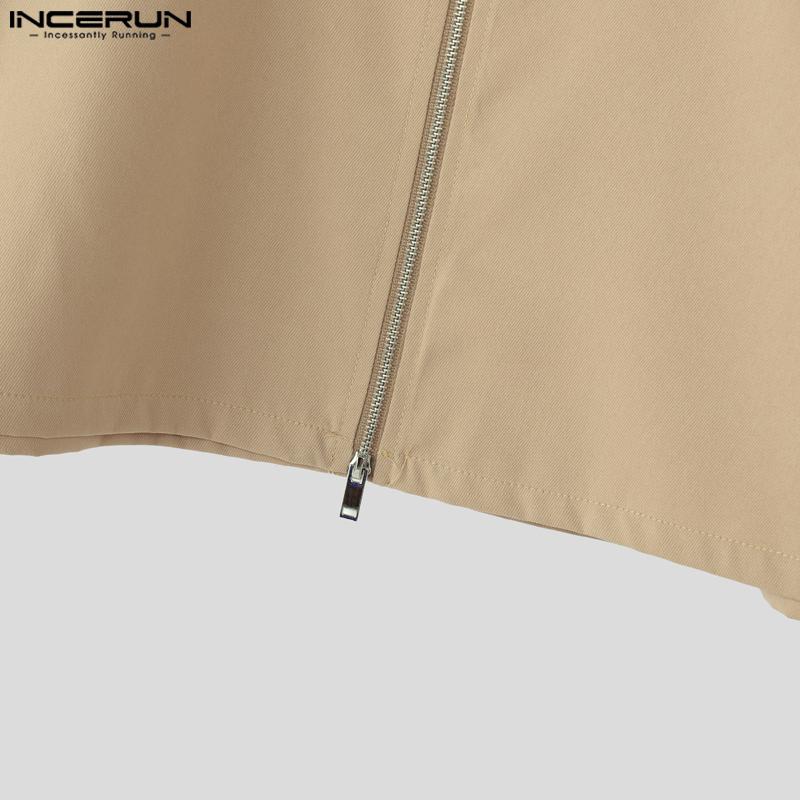 INCERUN Men Lapel Long Sleeve Stitching Zipper Up Cropped Jackets Short Coats
