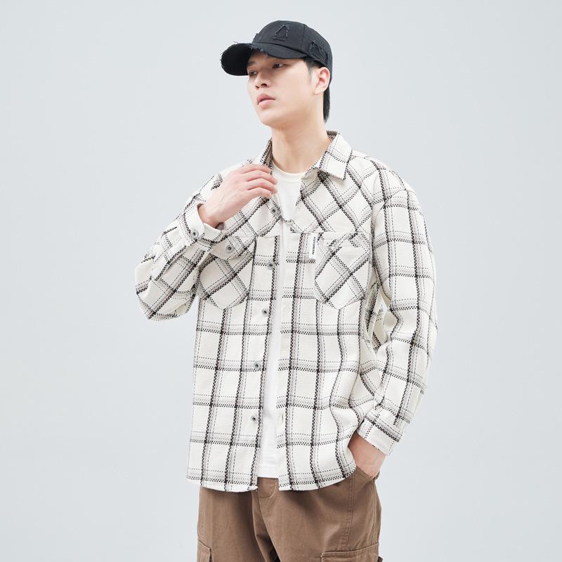 Heavy Japanese Trendy Brand Tooling Plaid Loose Casual Shirt Jacket Beige Spot Whole Single Cotton Machine Washable