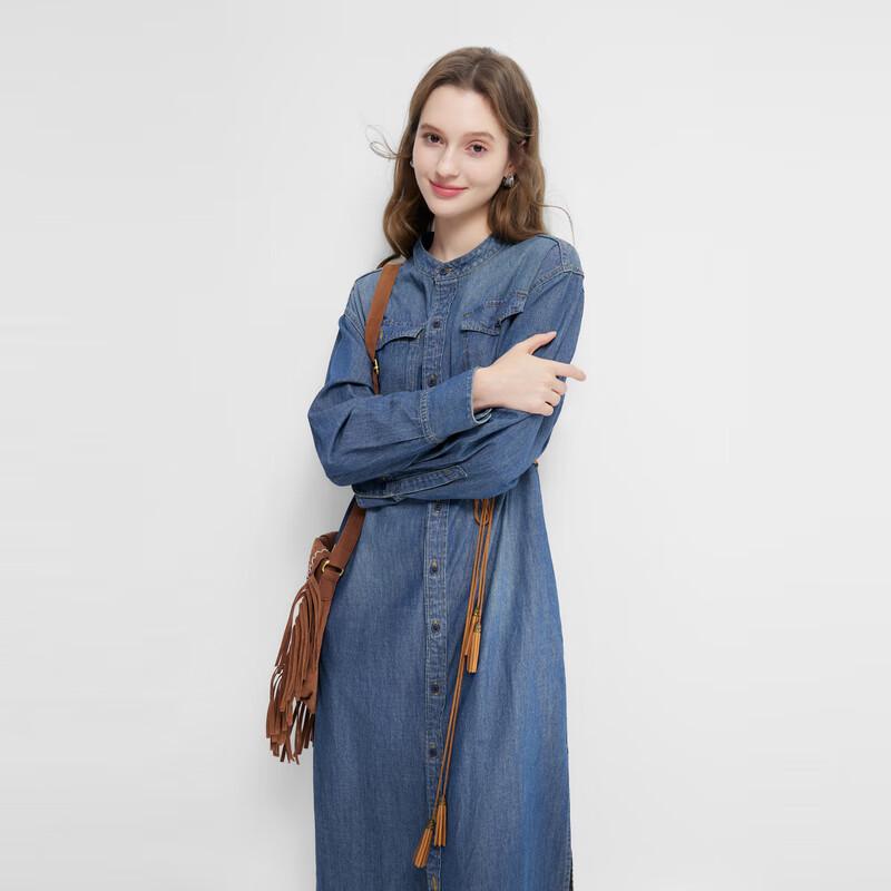 

Qiusyiren 2025 Весеннее джинсовое синее платье с полым поясом M
