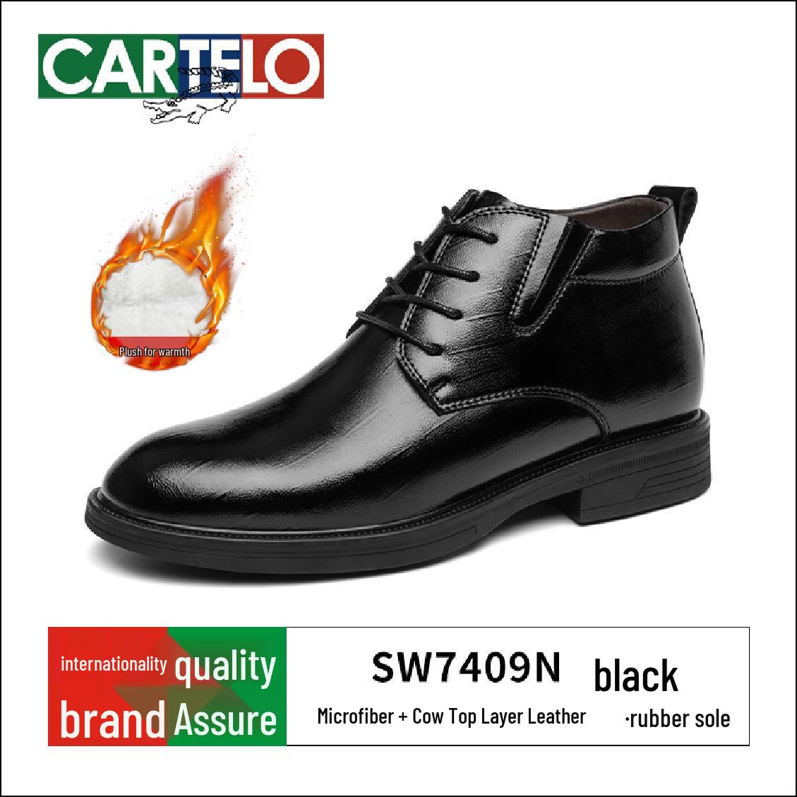 Men s Black Genuine Leather High-Top Brogue Winter Snow Boots with Plush Lining 39