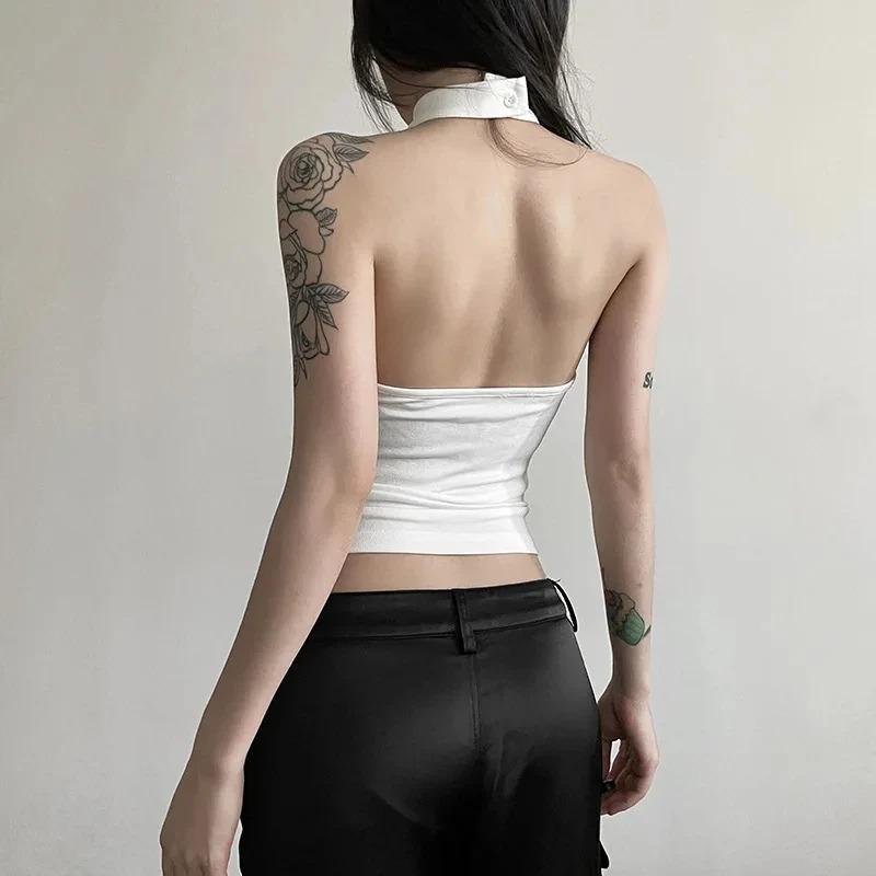 Y2K Caldo Emo Estate Donne Gyaru Acubi Streetwear Sexy Casual Nero Bianco Grunge Senza Maniche Schiena Nuda Halter Gilet Crop Top Vestiti