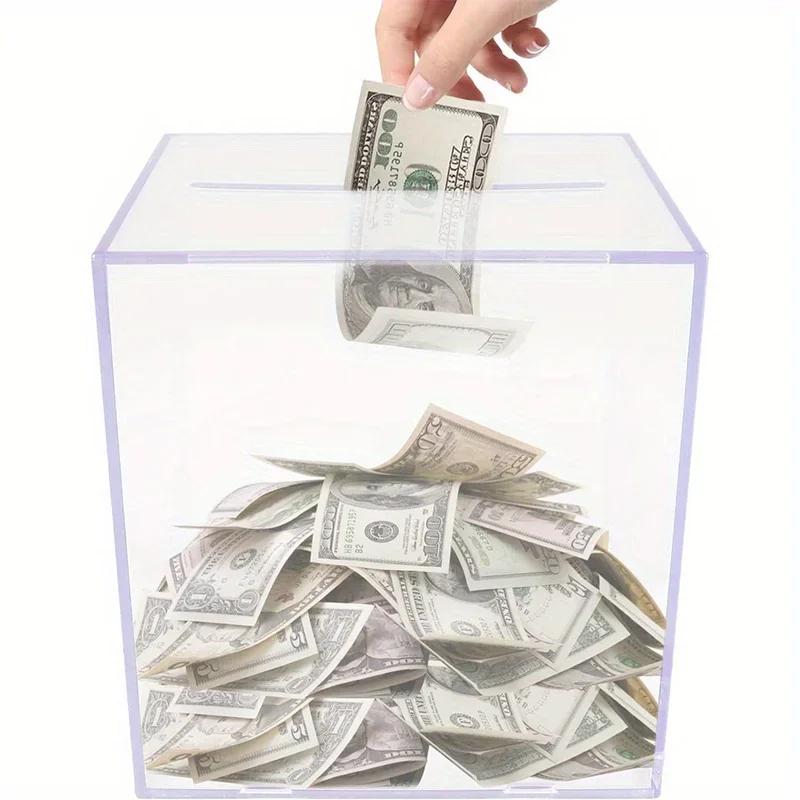 Square Transparent Acrylic Piggy Bank, Clear Hard Plastic Coin Bank, Money Box Cash Collector Container, One-Way Saving