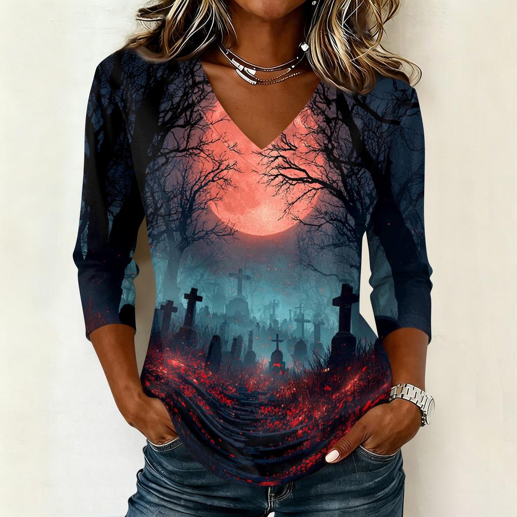 Womens Halloween Graphic V Neck T Shirt Casual 3/4 Sleeve Top Autumn Seasonal Print Loose Fit Pullover