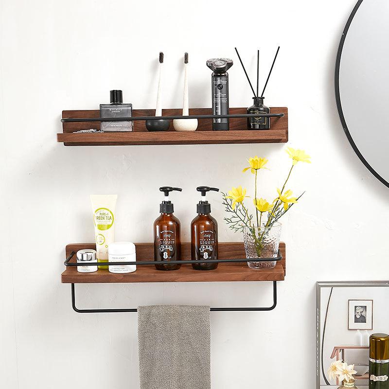 Solid Wood Bathroom Shower Stand Wall Mounted Dresser Storage Rack Black Towel Rack Shelf Bathroom Shelf Bath Shampoo Holder