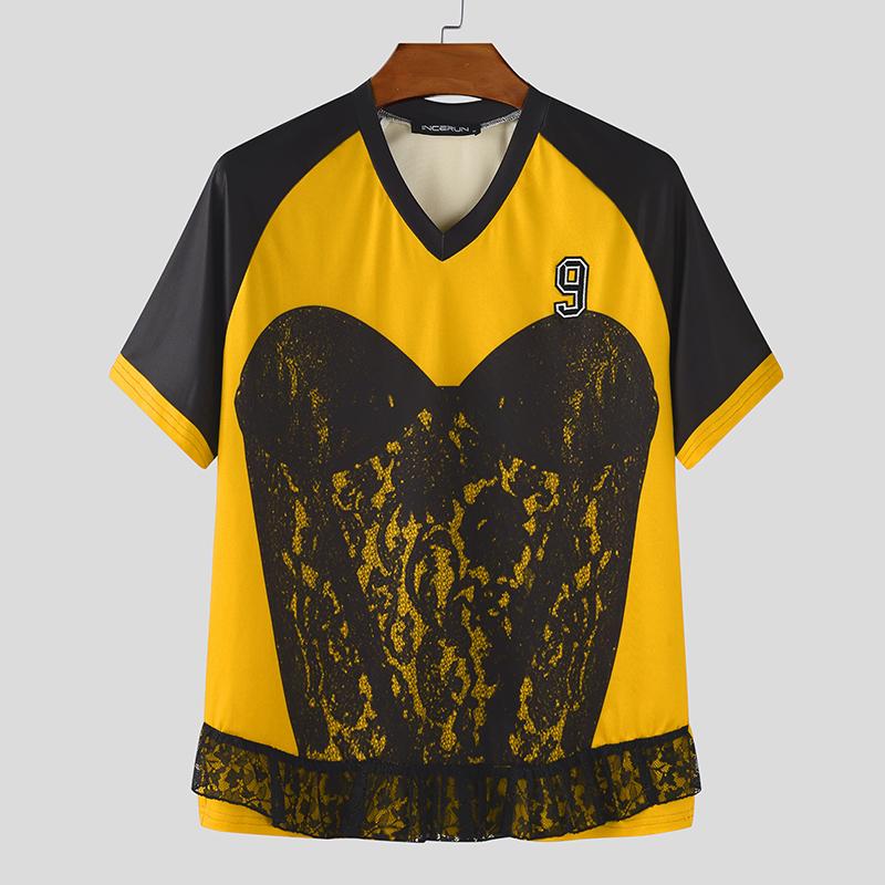 INCERUN Summer Men Short Sleeve Lace Patchwork Print Casual T-shirts Tee Tops