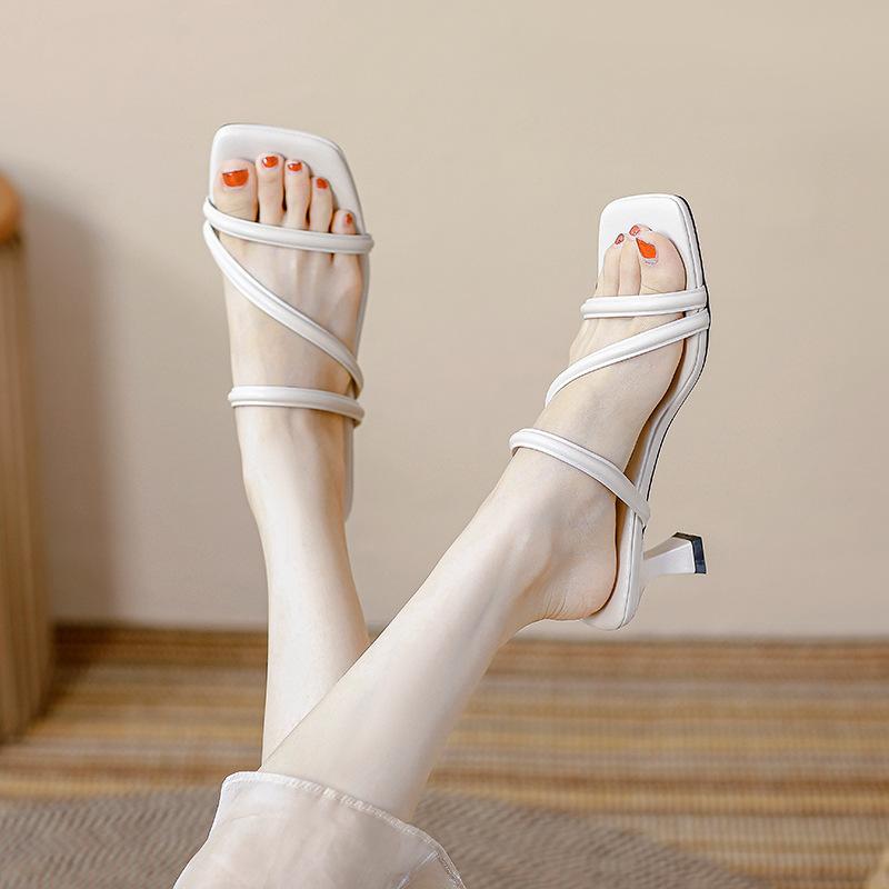 High-heeled cool slippers for women's outer wear 2025 new French square-heeled slippers for women's summer fashion