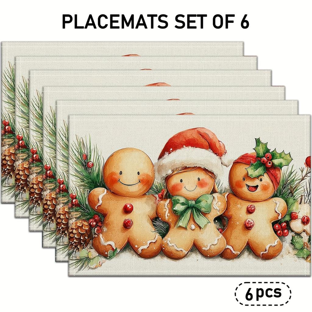 Set of 4/6 Christmas Gingerbread Man Placemats Featuring Adorable Gingerbread Figures, Holly Leaves, And Red Berries, Perfect for Holiday Kitchen Tabl