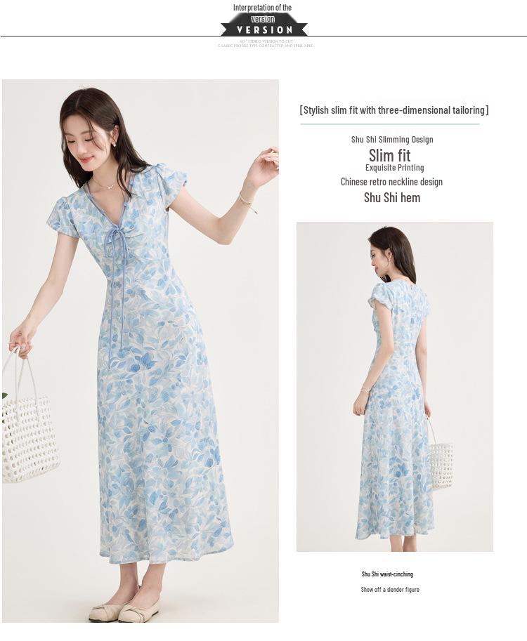 2026 Frühling/Sommer Elegantes blaues Blumen-A-Linien-Kleid: Taillenbetonend, Kurzärmelig, Französischer Stil