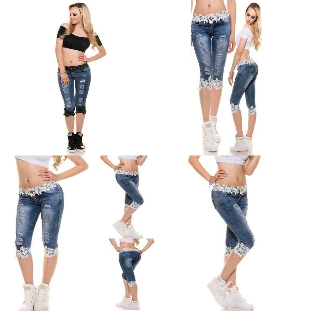 Stylish Women Jeans Lace Elastic Casual Big Size Cowboy Denim Shorts For Daily Wear