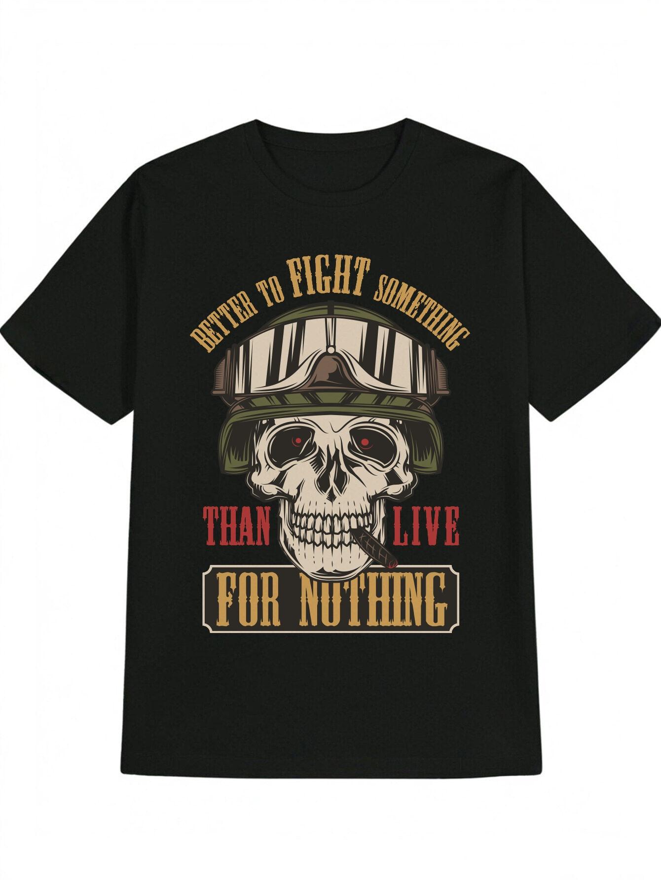 Patriotic Skull & Helmet Graphic T-shirt - Better to Fight for Something Than Live for Nothing Design M