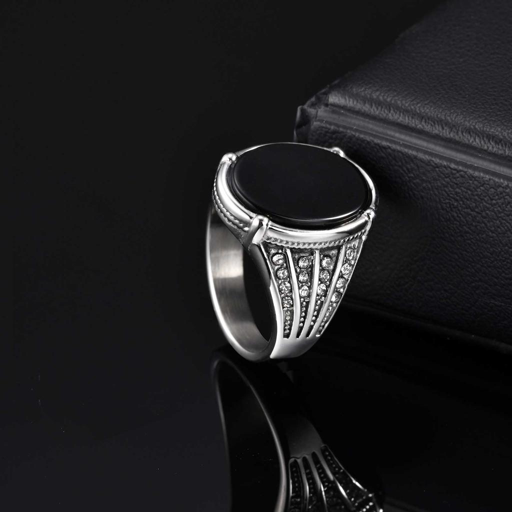 Vintage Geometric Natural Stone Rings for Men Black Oval Onyx Stainless Steel Ring Textured Signet Fashion Punk Jewelry Gift