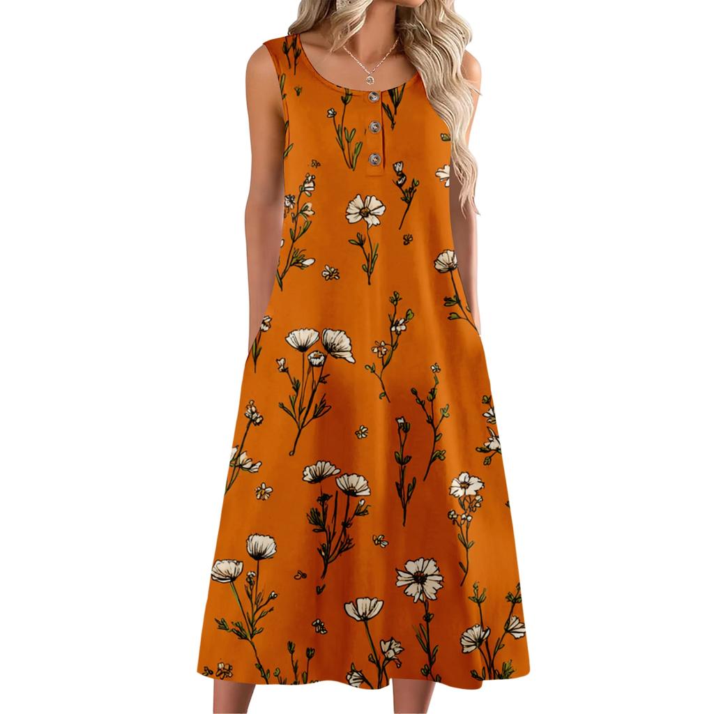 Women's Fashion Casual Sleeveless Button Floral Print Dress with Pocket