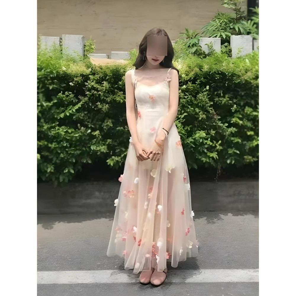 Summer beautiful small skirt, vacation style three-dimensional flower mesh slip dress, casual temperament waist skirt
