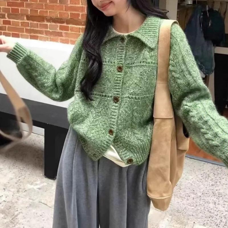 Retro Twist Lapel Knitted Cardigan Autumn and Winter New Loose Long-sleeved Sweater Jacket Women