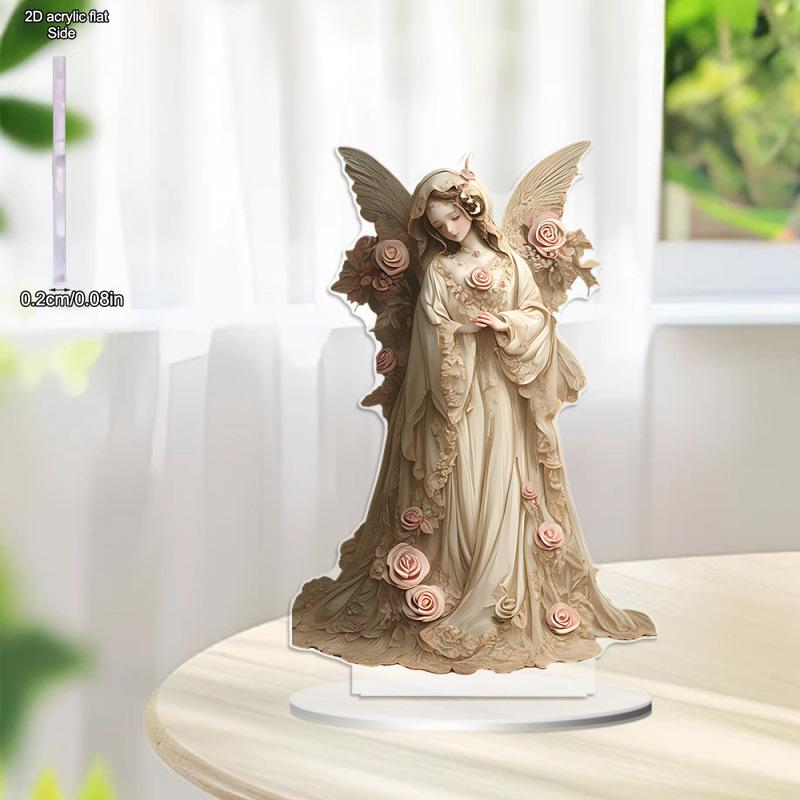 2D Flat White Angel Acrylic Desktop Decoratio, with Base, Suitable for wall decoration, porch, room, villa, accents Home, Hallway, or Workplace - Rust