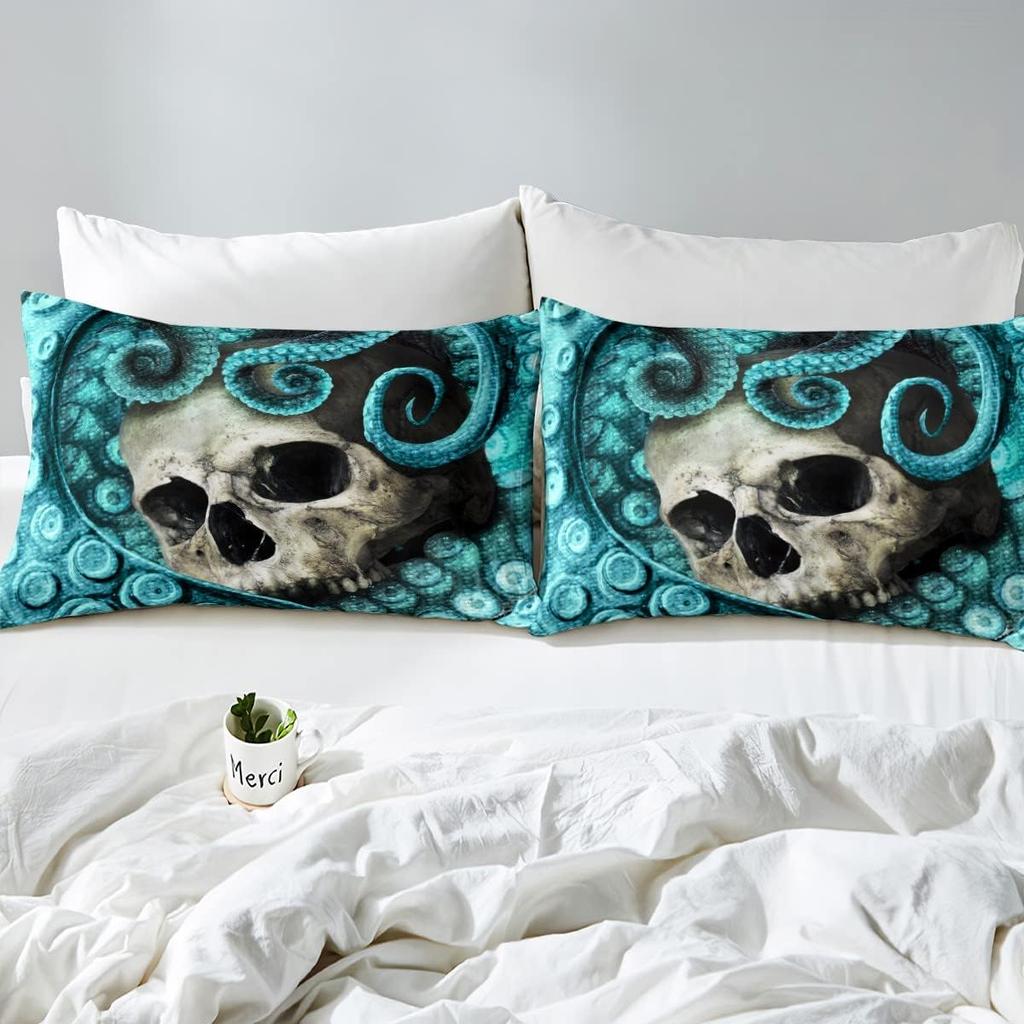 Octopus Skull 3D Print Duvet Cover Set Blue Cotton Comforter With 2 Pillow Shams Luxury Horror Decorative Bedding