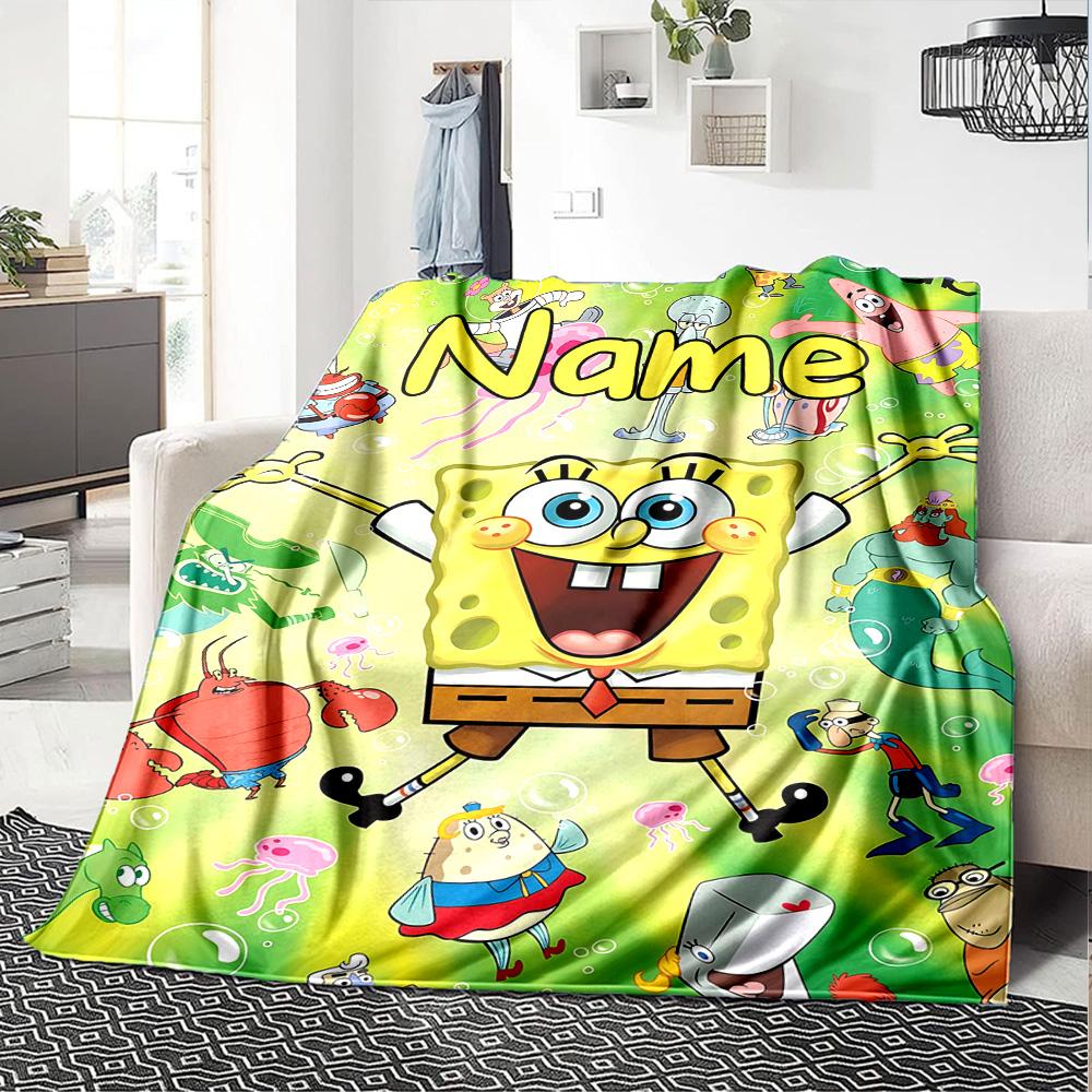 Custom Name Spongebob Friends Flannel Blanket for Super Soft Cute Comfort Blanket for Travel Bedding Couch Sofa Blanket