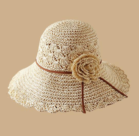 Summer Hats For Women Flower Rope Chain Foldable Sun Hat Beach Accessories Seaside Holiday Bucket Hat Sunhat New Beige Khaki