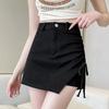 Summer Black High Waist Ruched Mini Skirt for Women - Slimming, Irregular A-Line Design, Polyester