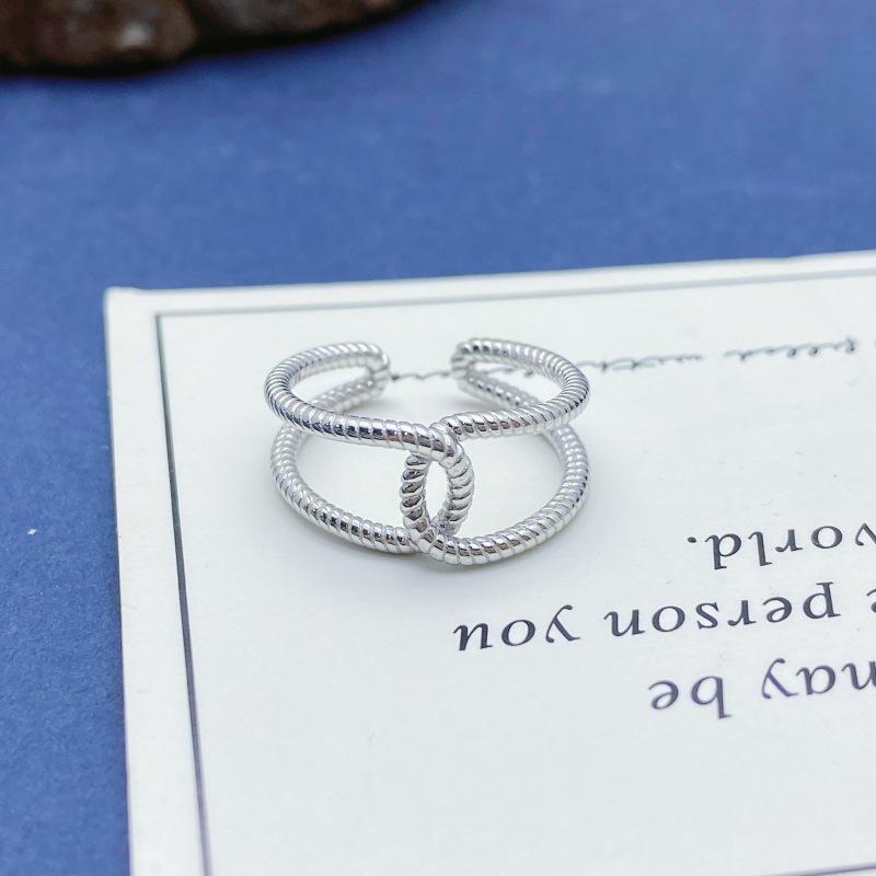 Retro Stylish S925 Sterling Silver Twist Knot Adjustable Ring with Double Circle Design