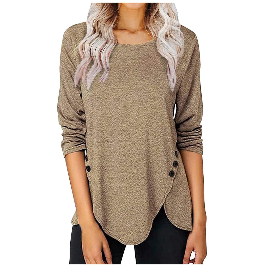 Women's T-shirt Crew-neck Long-sleeved Solid Color Irregular Button-down Top