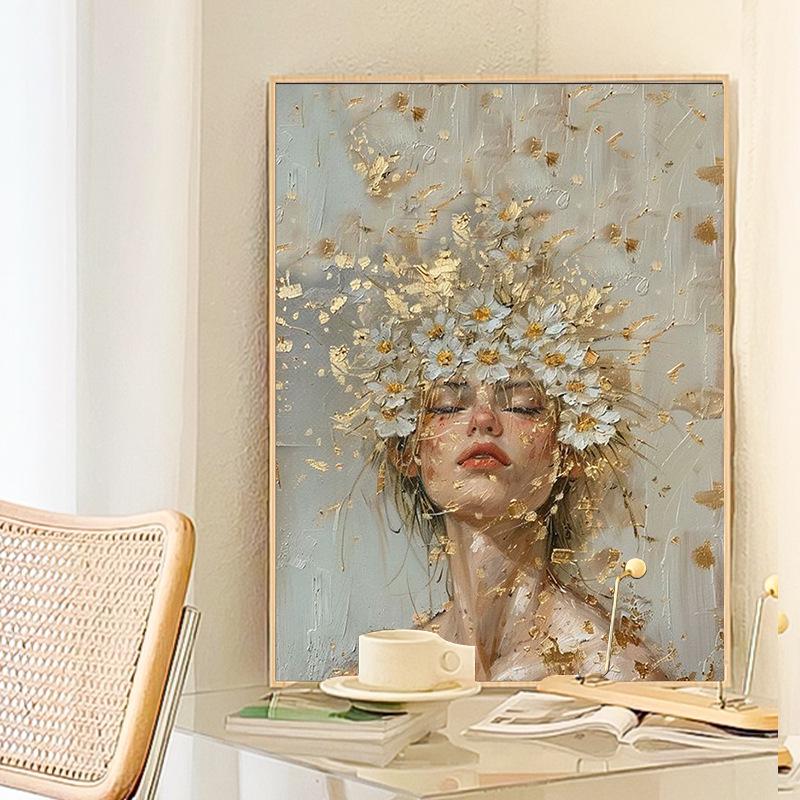 

Элегантная цифровая масляная живопись с изображением девочки с цветами - Декоративное настенное искусство для интерьера 50x70 cm