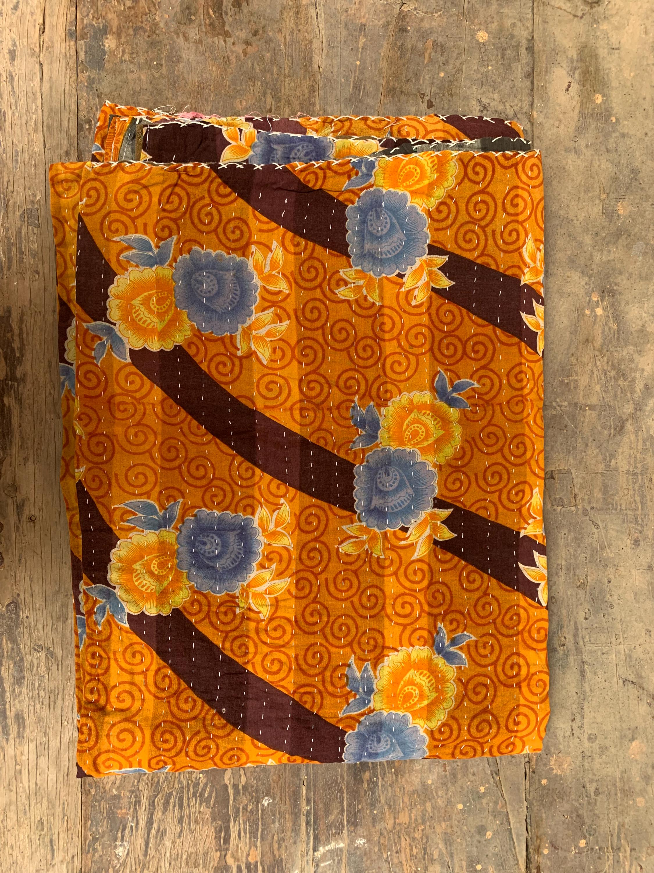 Orange Floral Kantha Quilt: Handmade Indian Patchwork Bedspread 80X 50