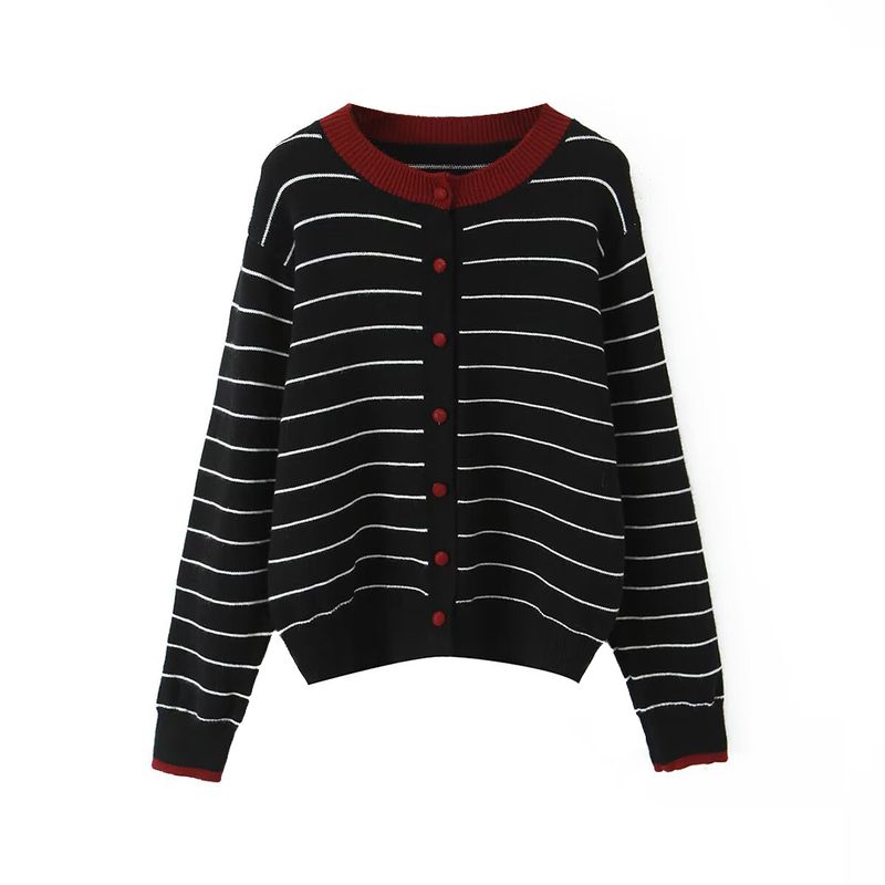 Kaslead New Women Clothes Western Style All-Match Fashion Stripe Round Neck Long Sleeve Sweater Cardigan