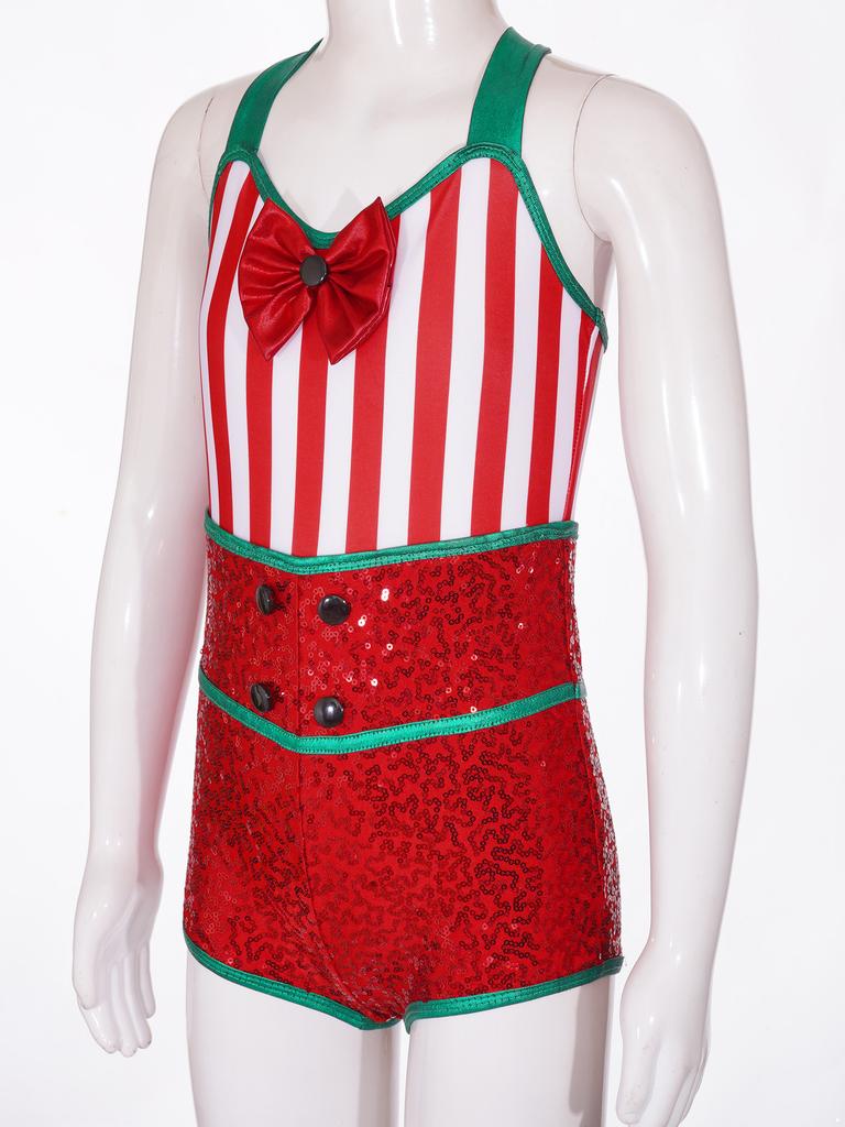 Girls Candy Cane Costume Sleeveless Striped Sequins Bowknot Unitard Christmas Dance Performance Outfit