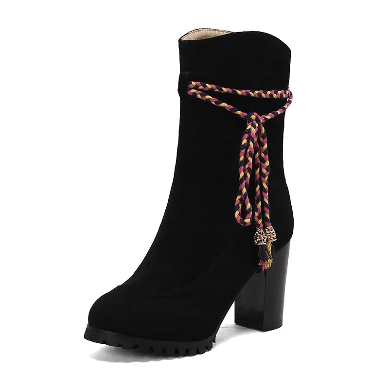 Plus Oversize 47 48 49 Autumn Winter Flock Ankle Booties Women Round Toe Platform Braided Rope High Heels Zipper Knee High Boots