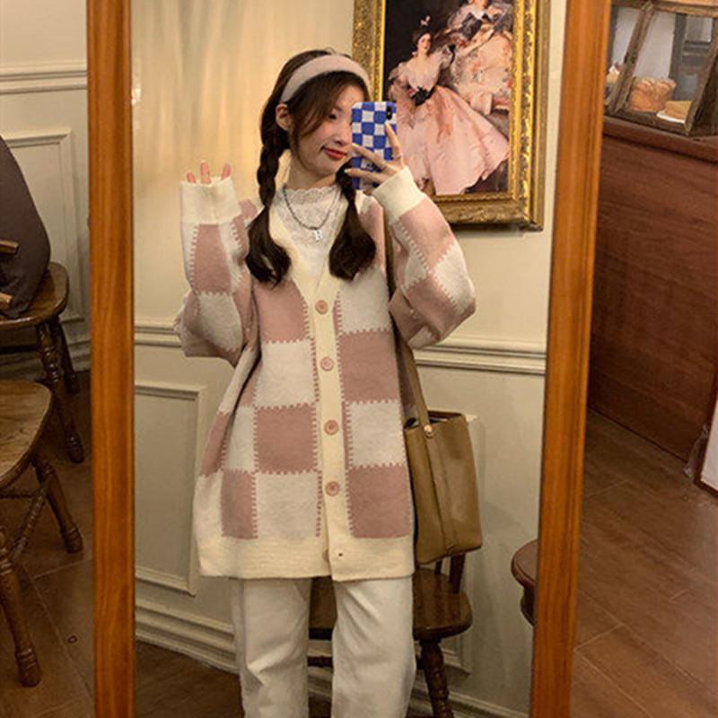 

2025 autumn new loose casual cardigan long-sleeved sweater, gentle small fragrance checkerboard v-neck jacket women one size fits all розовый