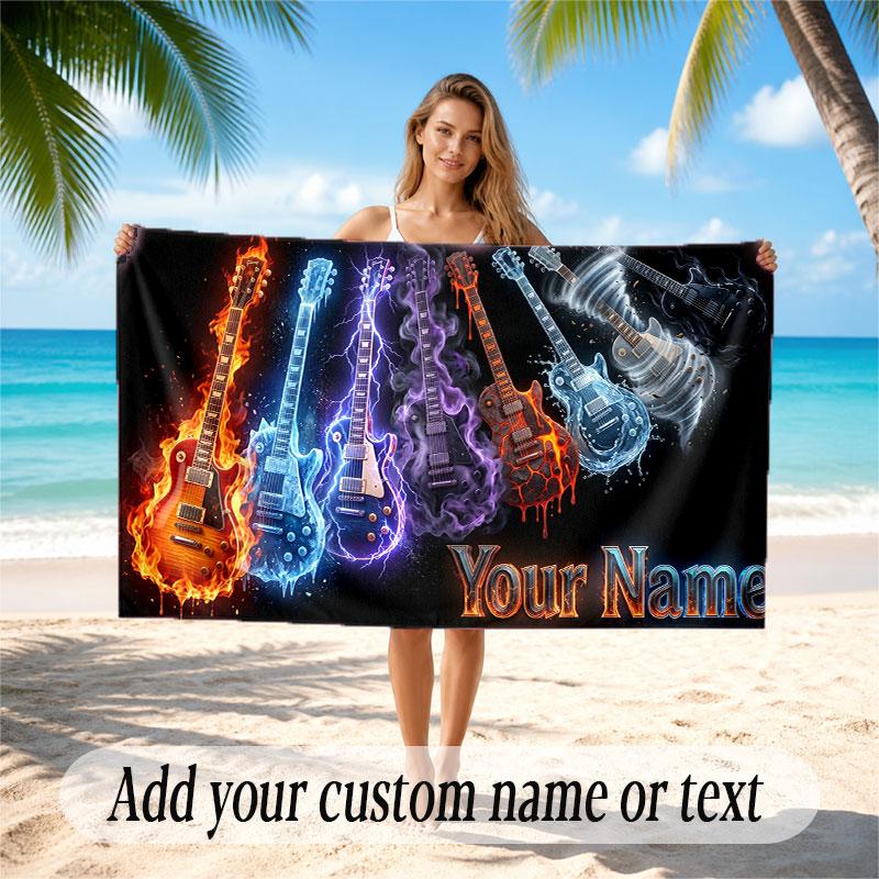 Music Guitar Theme Beach Towel Personalized Custom Name & Text Soft Quick Dry Beach Towel for Swimming Travel