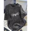Vintage Washed Oversized T Shirt, Dark Thorn Abstract Graffiti Pattern Top, Gothic Punk Y2K Aesthetic Street Wear