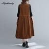 Korean Style Autumn Winter Women Basic Sundress V Neck Brown Purple Oversized Tank Dress Sleeveless Corduroy Basic Baggy Midi Dress