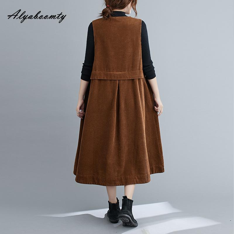 Korean Style Autumn Winter Women Basic Sundress V Neck Brown Purple Oversized Tank Dress Sleeveless Corduroy Basic Baggy Midi Dress